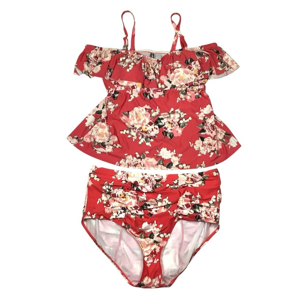 Torrid Two Piece Swimsuit Off Shoulder Tankini Top Sz 3 High Waist Bottoms Sz 2